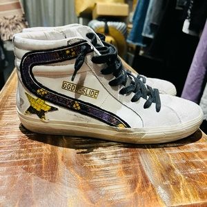 Golden Goose White High-Top Sneakers with Black Laces and Yellow Star